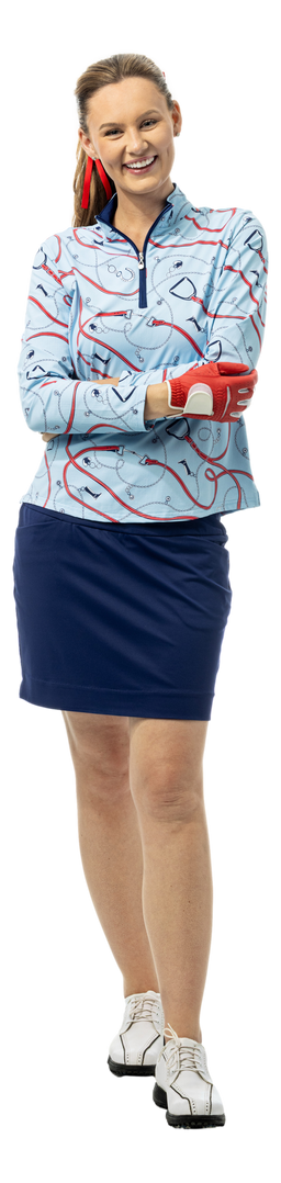 SanSoleil blue print long sleeve mock with quarter zip and charm print design, casual stylish top for everyday wear.