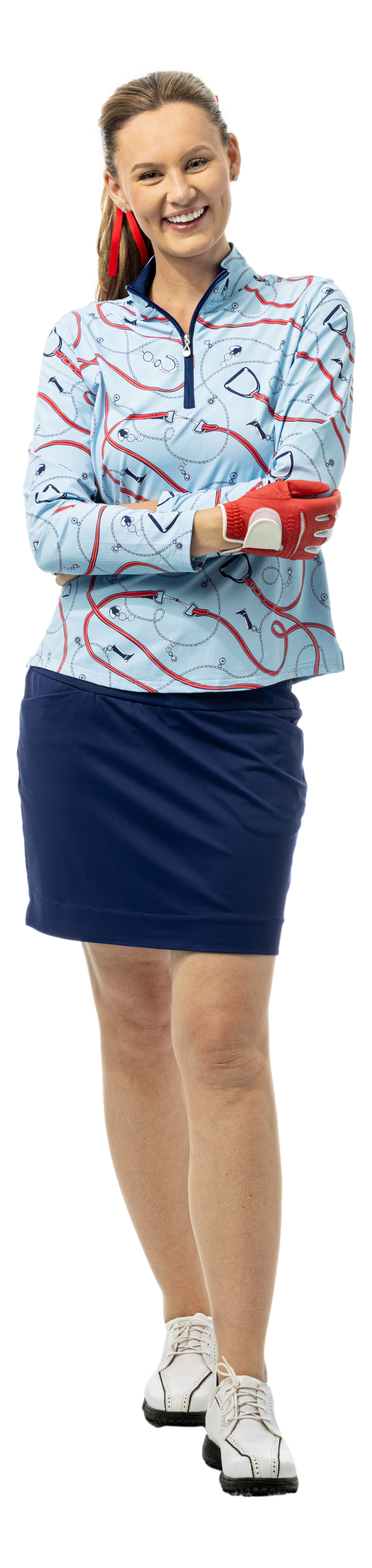 SanSoleil blue print long sleeve mock with quarter zip and charm print design, casual stylish top for everyday wear.