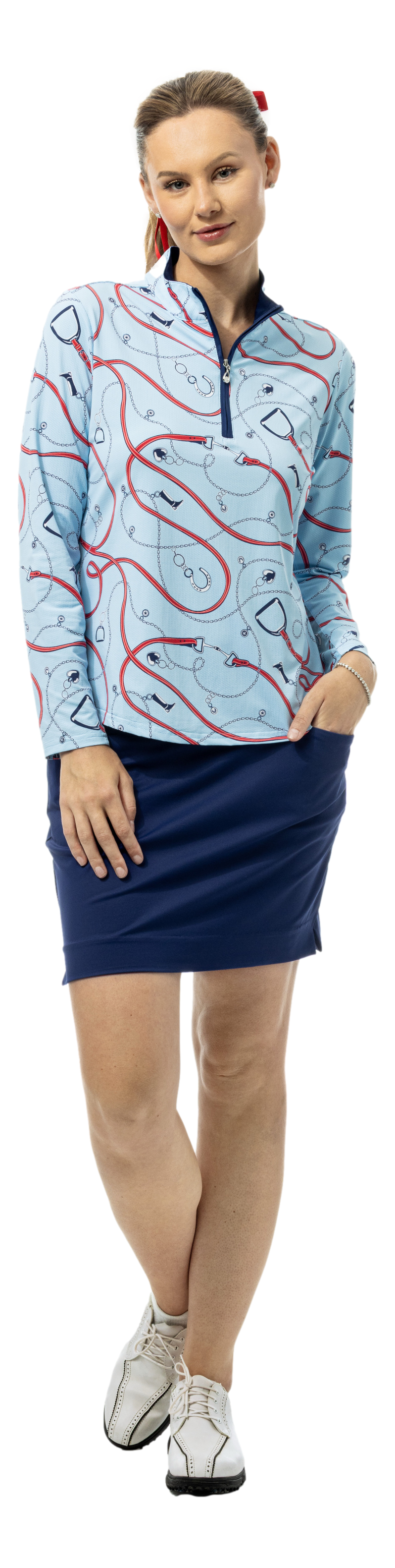SanSoleil print long sleeve 1/4 zip mock in blue with charming print design, perfect for casual or active wear.