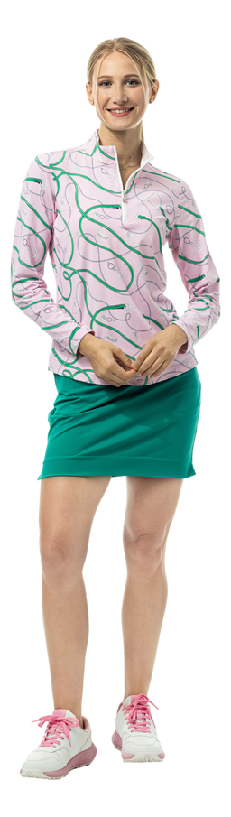 SanSoleil pink print long sleeve mock top with 1/4 zip, featuring charming patterns and vibrant design.