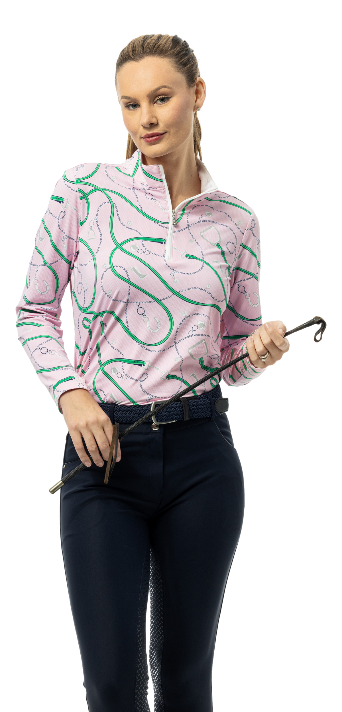 SanSoleil pink print long sleeve mock with a subtle equine pattern and quarter zip, showcasing a charming and stylish design.