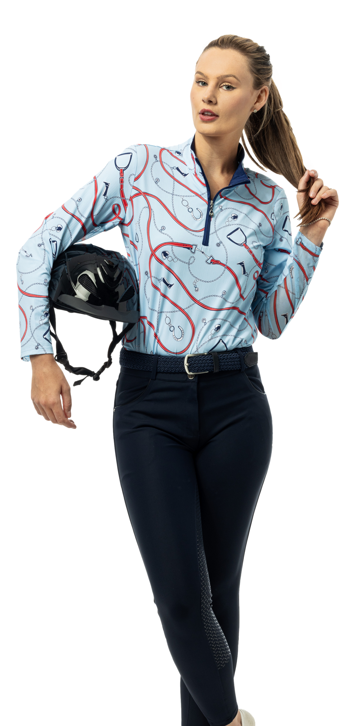 SanSoleil print long sleeve 1/4 zip mock in blue with charming printed design, lightweight and comfortable for casual wear.