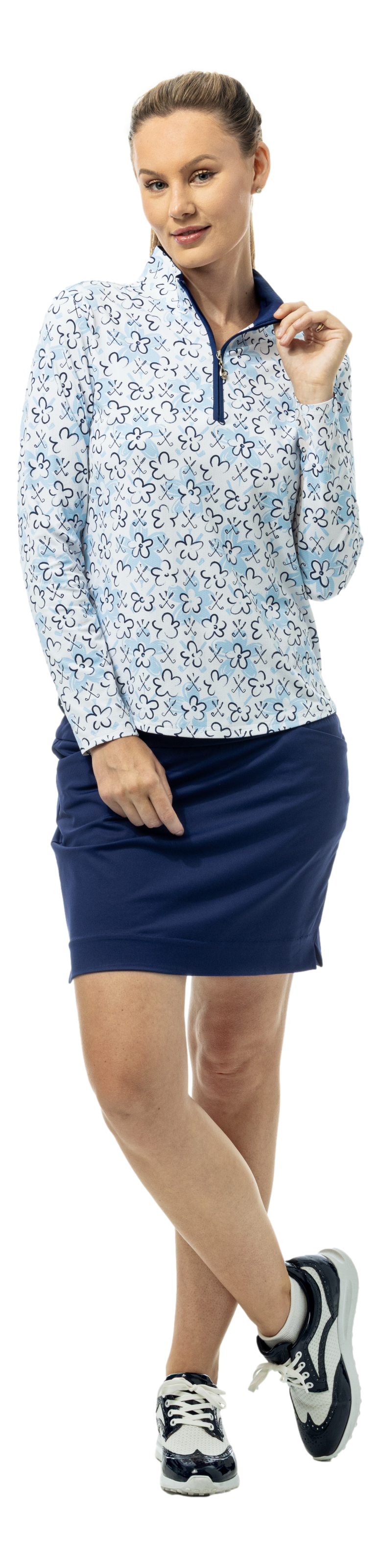 SanSoleil SOLTEK LUX long sleeve print shirt with blue Fairway Flowers design, featuring a stylish floral pattern.