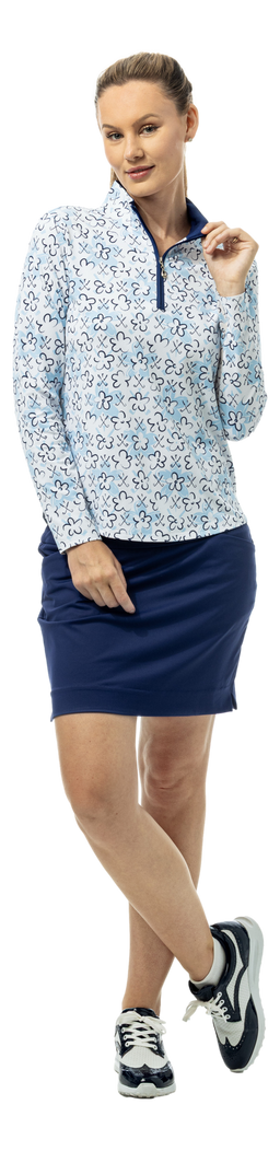 SanSoleil SOLTEK LUX long sleeve print shirt with blue Fairway Flowers design, featuring a stylish floral pattern.