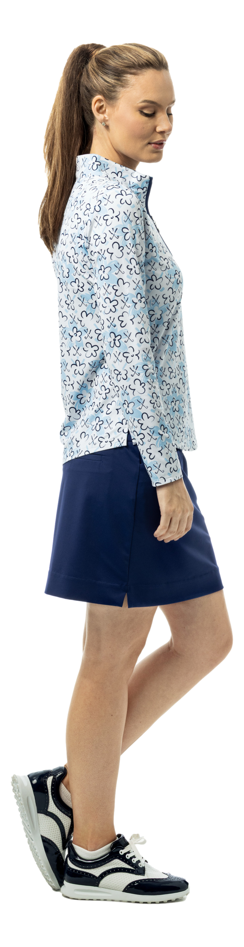 SanSoleil SOLTEK LUX long sleeve print shirt with blue Fairway Flowers pattern, comfortable and stylish for active wear.