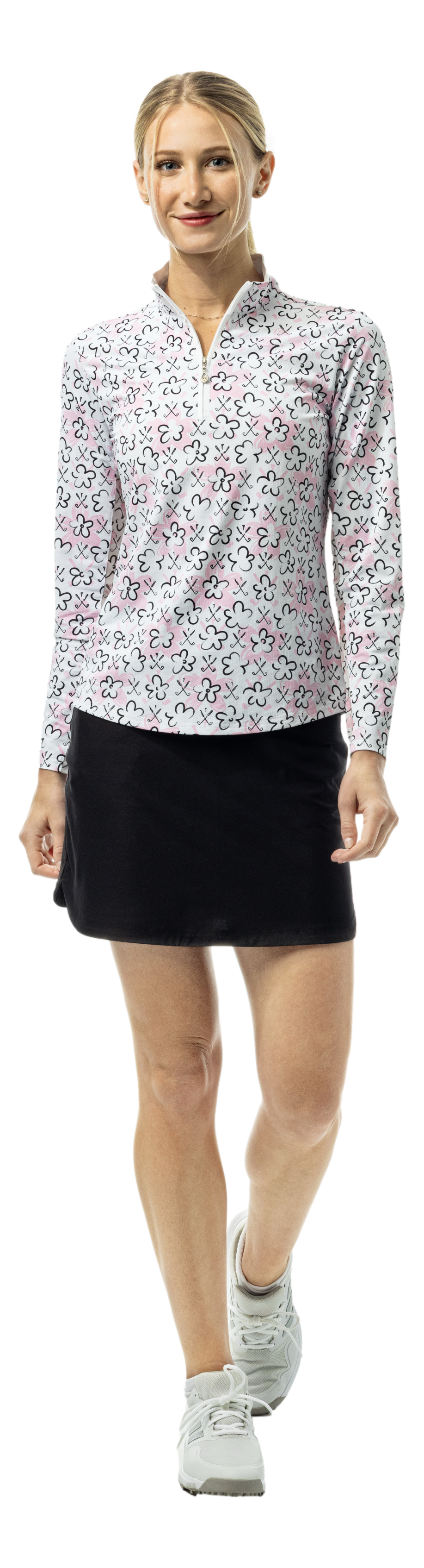 SanSoleil SOLTEK LUX long sleeve print shirt with pink fairway flowers design, featuring a comfortable mock neckline and vibrant pattern.