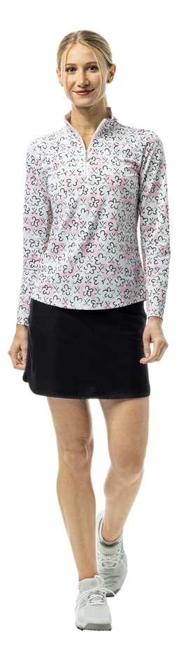 SanSoleil SOLTEK LUX long sleeve print shirt with pink fairway flowers design, featuring a comfortable mock neckline and vibrant pattern.