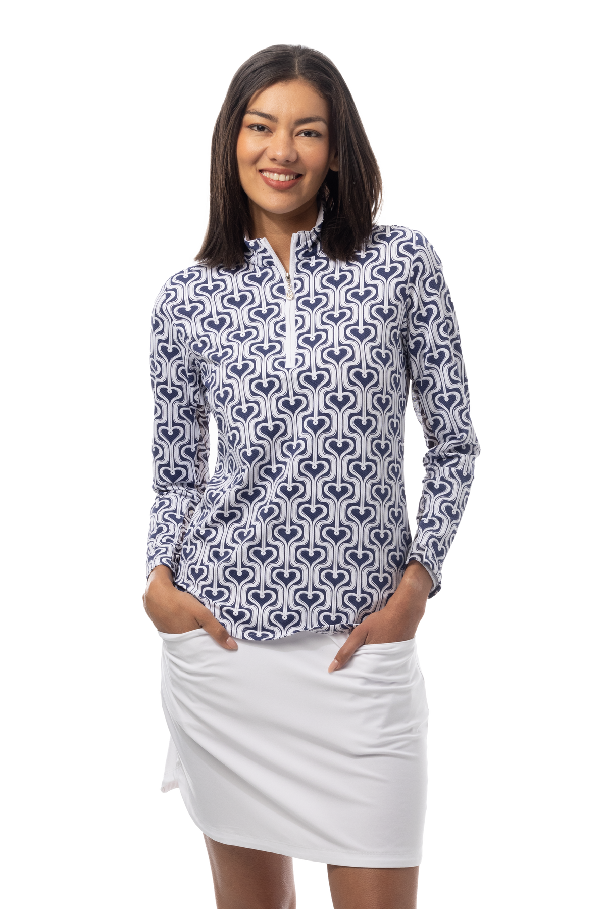 SANSOLEIL 1/4 ZIP PRINT MOCK. HEARTSTRINGS. NAVY. 900621 - SanSoleil