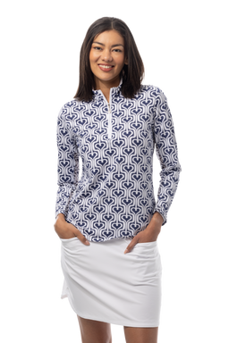 SANSOLEIL 1/4 ZIP PRINT MOCK. HEARTSTRINGS. NAVY. 900621 - SanSoleil