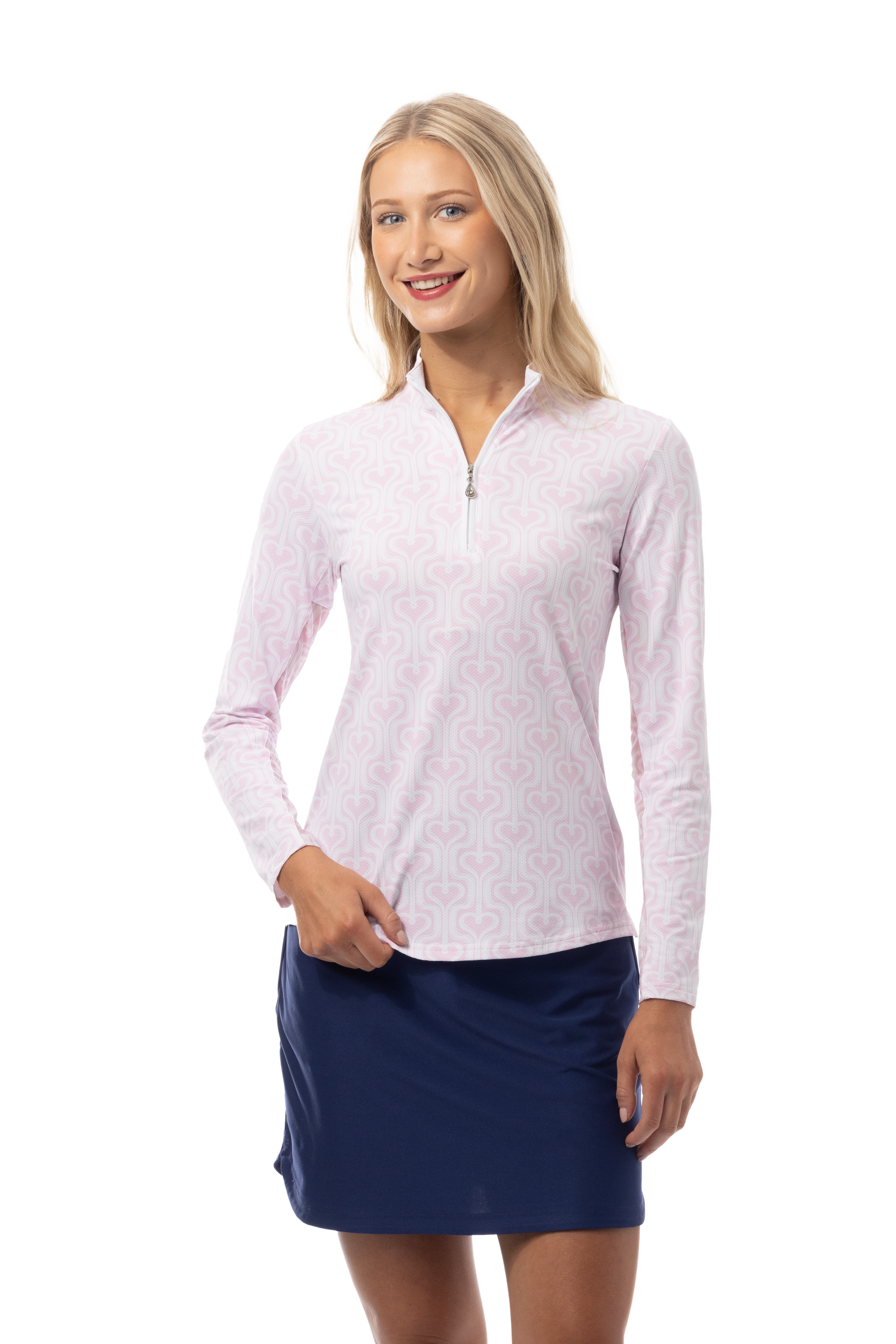 SANSOLEIL 1/4 ZIP PRINT MOCK. HEARTSTRINGS. PINK. 900621 - SanSoleil
