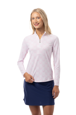 SANSOLEIL 1/4 ZIP PRINT MOCK. HEARTSTRINGS. PINK. 900621 - SanSoleil