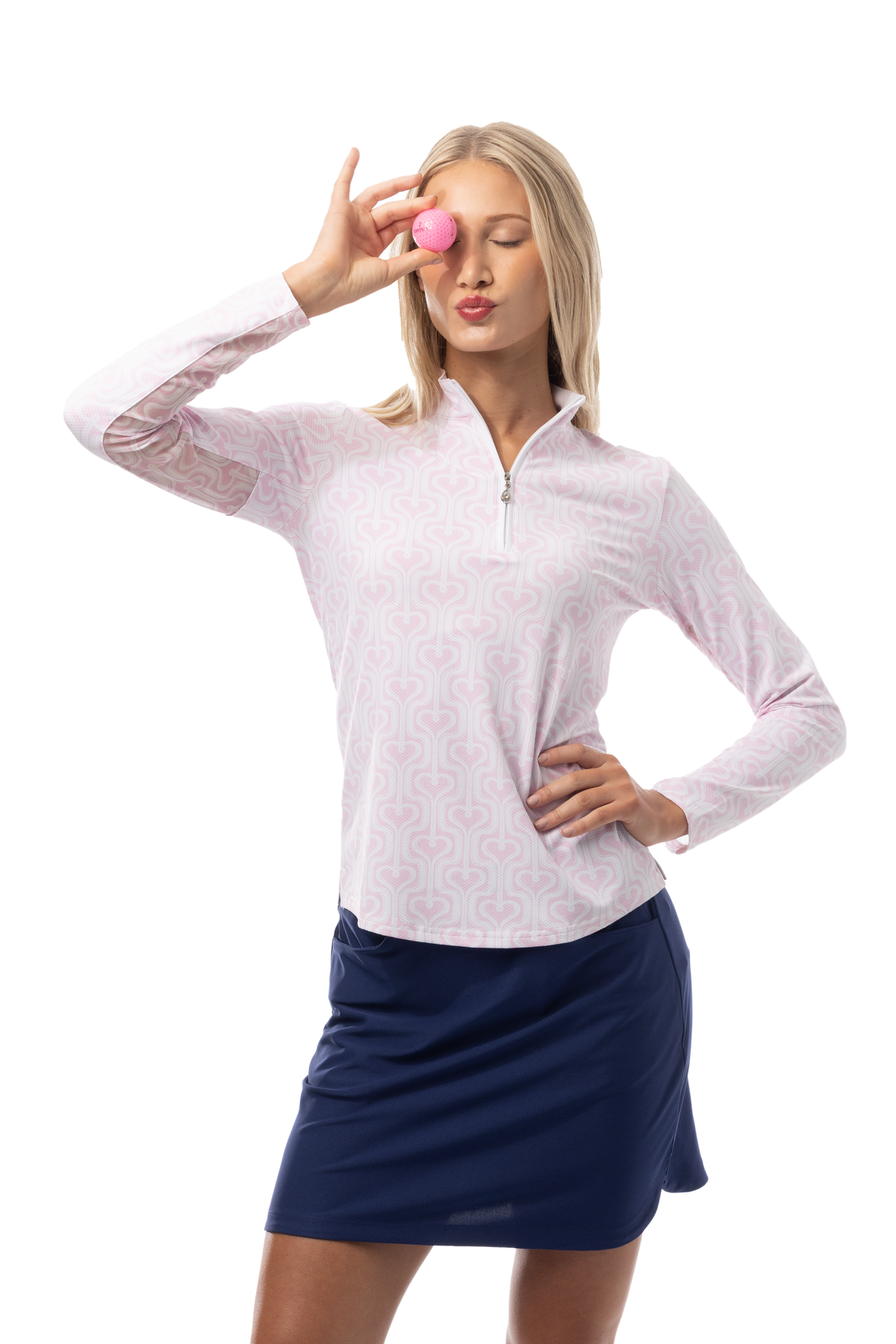 SANSOLEIL 1/4 ZIP PRINT MOCK. HEARTSTRINGS. PINK. 900621 - SanSoleil