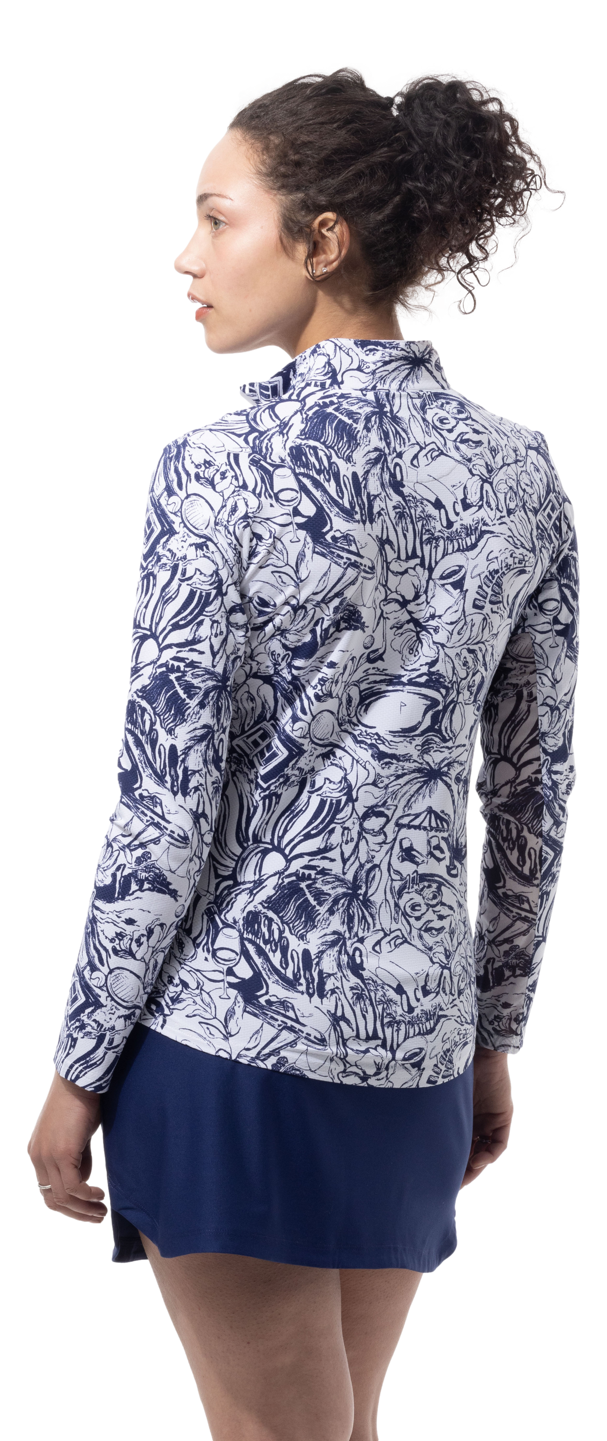 SANSOLEIL 1/4 ZIP PRINT  MOCK. GIRLS TRIP. NAVY.  900621 - SanSoleil