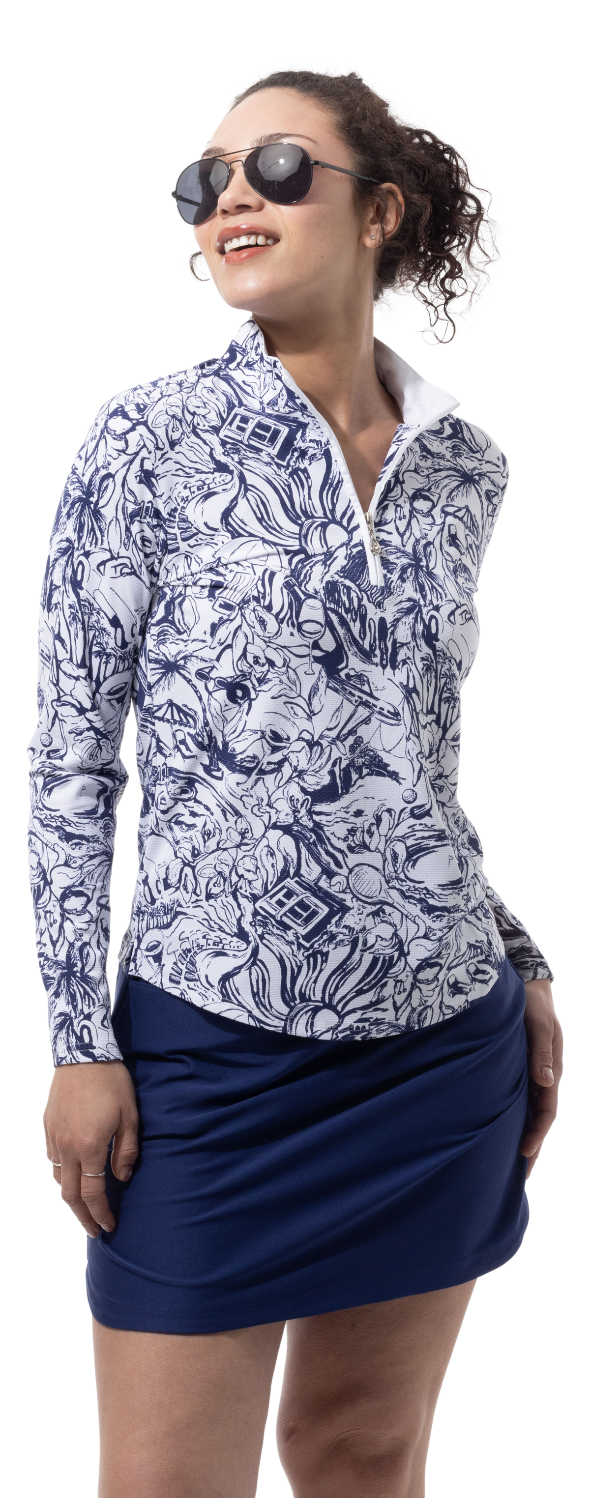 SANSOLEIL 1/4 ZIP PRINT  MOCK. GIRLS TRIP. NAVY.  900621 - SanSoleil