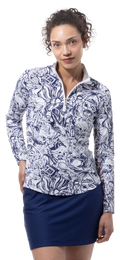 SANSOLEIL 1/4 ZIP PRINT  MOCK. GIRLS TRIP. NAVY.  900621 - SanSoleil