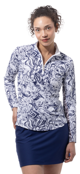 SANSOLEIL 1/4 ZIP PRINT  MOCK. GIRLS TRIP. NAVY.  900621 - SanSoleil