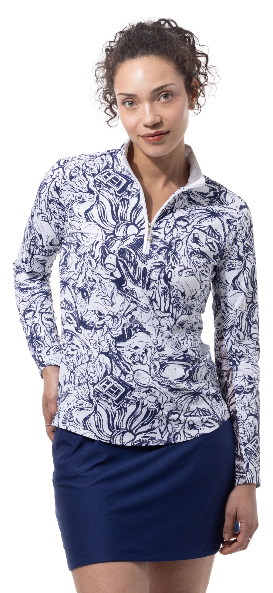 SANSOLEIL 1/4 ZIP PRINT  MOCK. GIRLS TRIP. NAVY.  900621 - SanSoleil