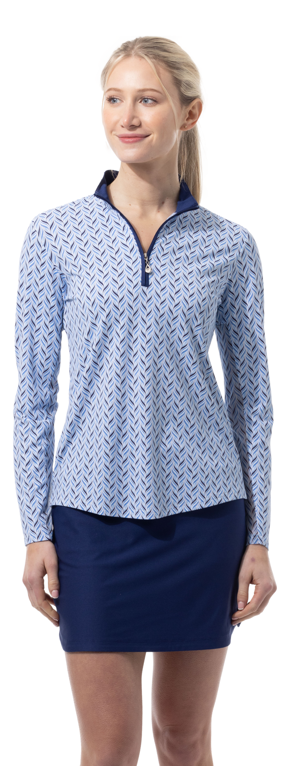 SANSOLEIL 1/4 ZIP PRINT  MOCK. WAVERLY. NAVY.  900621 - SanSoleil