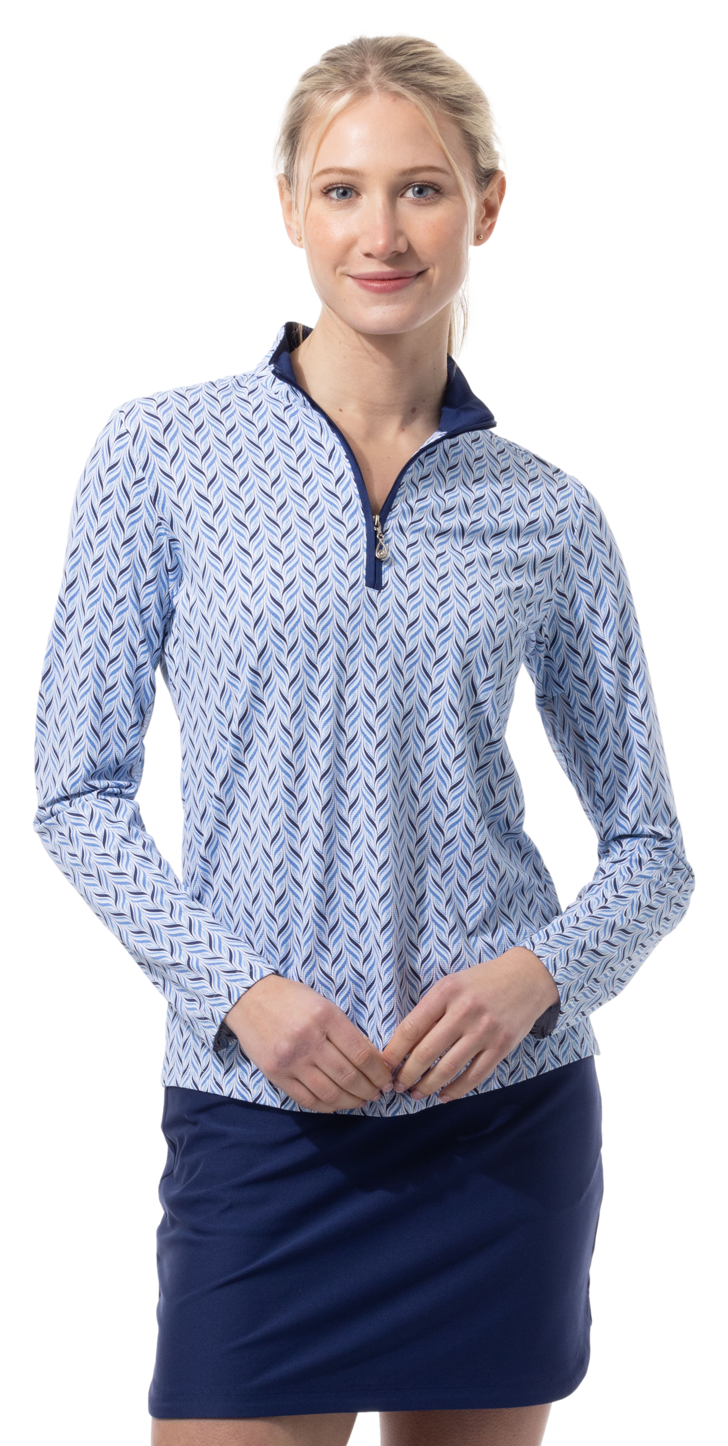 SANSOLEIL 1/4 ZIP PRINT  MOCK. WAVERLY. NAVY.  900621 - SanSoleil