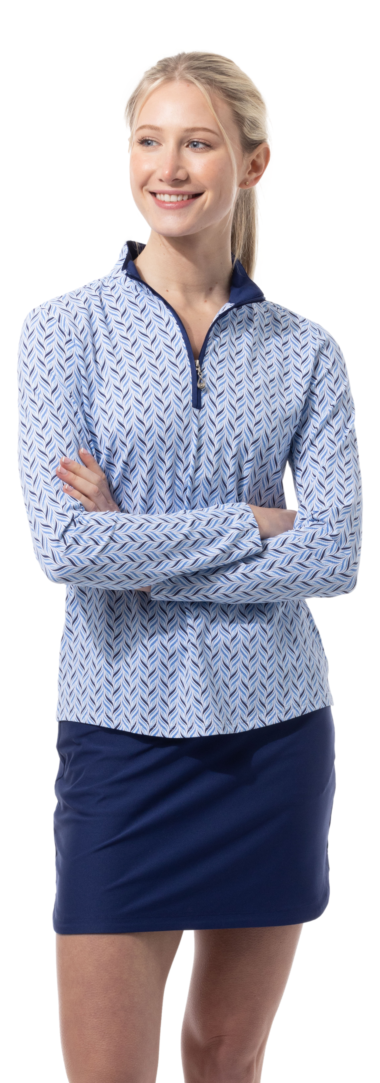 SANSOLEIL 1/4 ZIP PRINT  MOCK. WAVERLY. NAVY.  900621 - SanSoleil