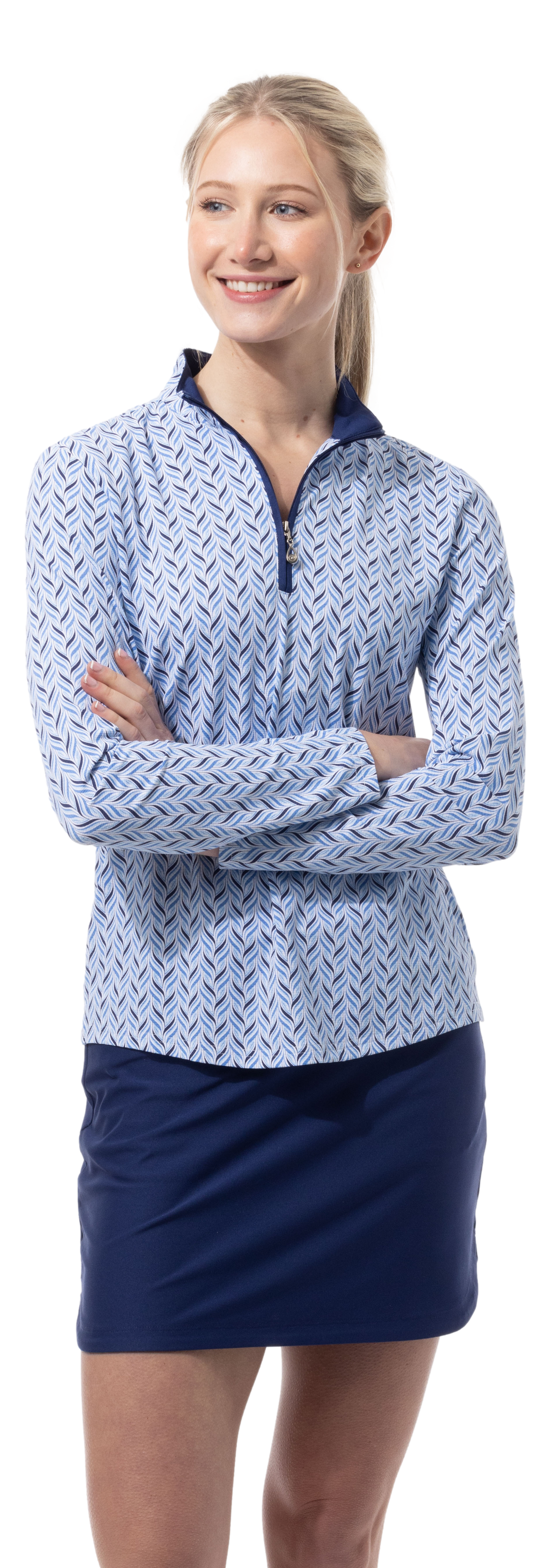 SANSOLEIL 1/4 ZIP PRINT  MOCK. WAVERLY. NAVY.  900621 - SanSoleil