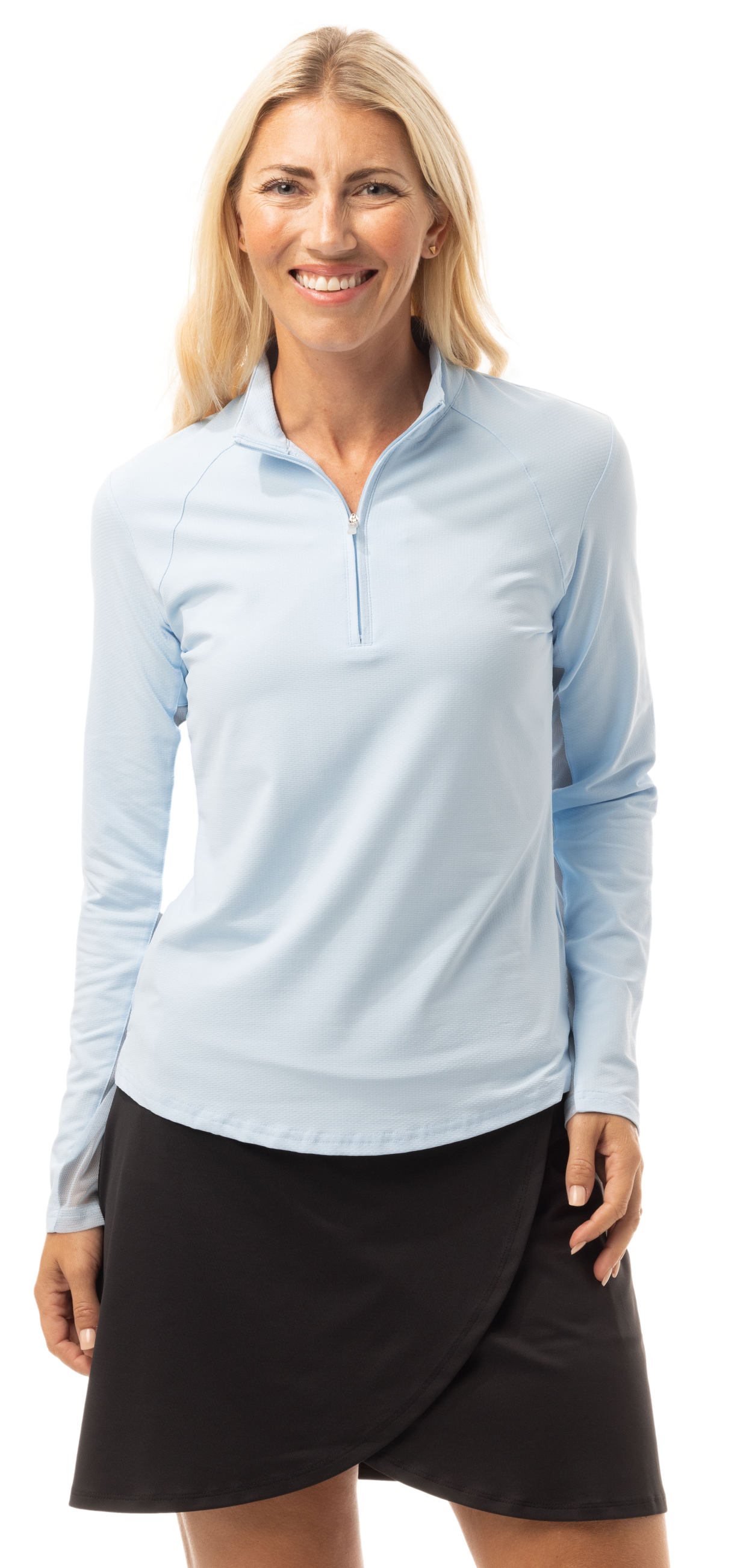 SANSOLEIL 1/4 ZIP LONG-SLEEVE SOLID MOCK. ARTIC BLUE. 900622