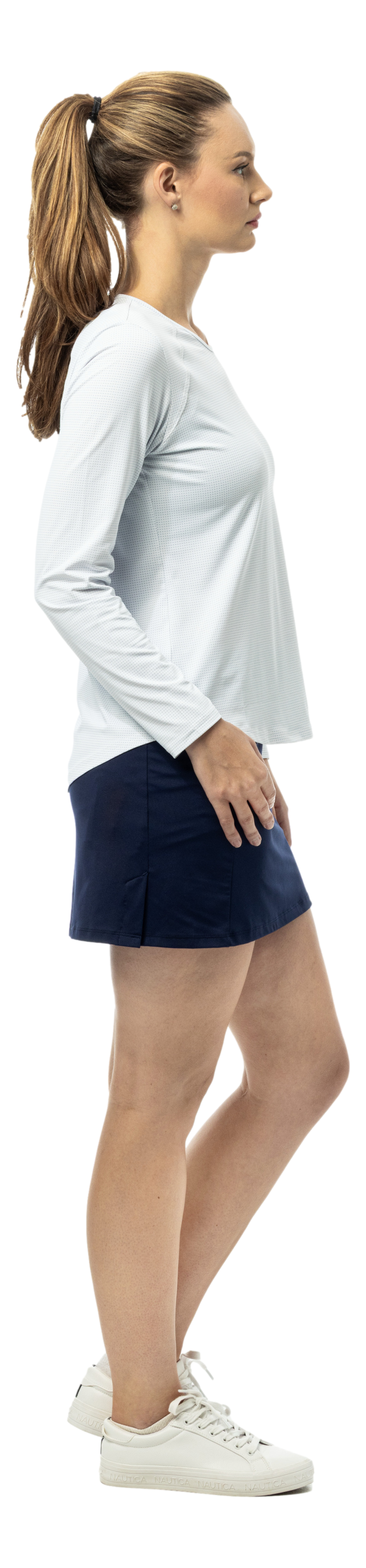 SanSoleil SOLAIR COOL Ultra-Mesh active long sleeve top in white and navy with dot print, moisture-wicking athletic shirt.