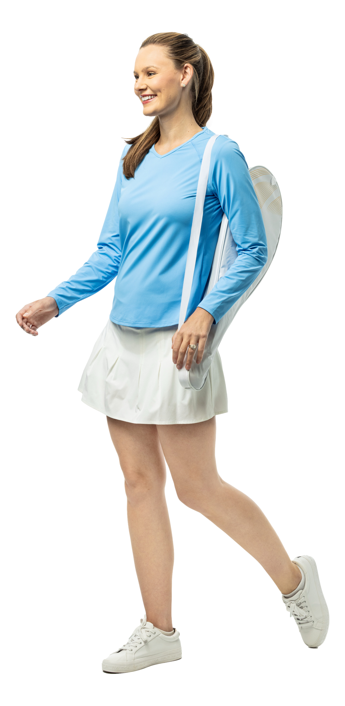 SanSoleil SOLAIR COOL ultra-mesh active long sleeve top in blue jay print, breathable fabric for active wear.