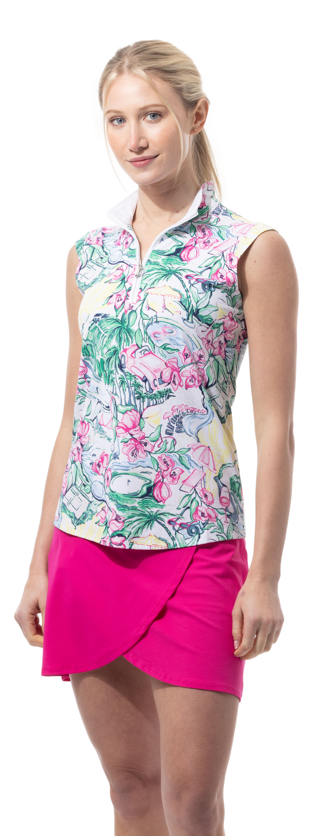 SANSOLEIL 1/4 ZIP SLEEVELESS PRINT MOCK. GIRLS TRIP. MULTI.  900627P - SanSoleil