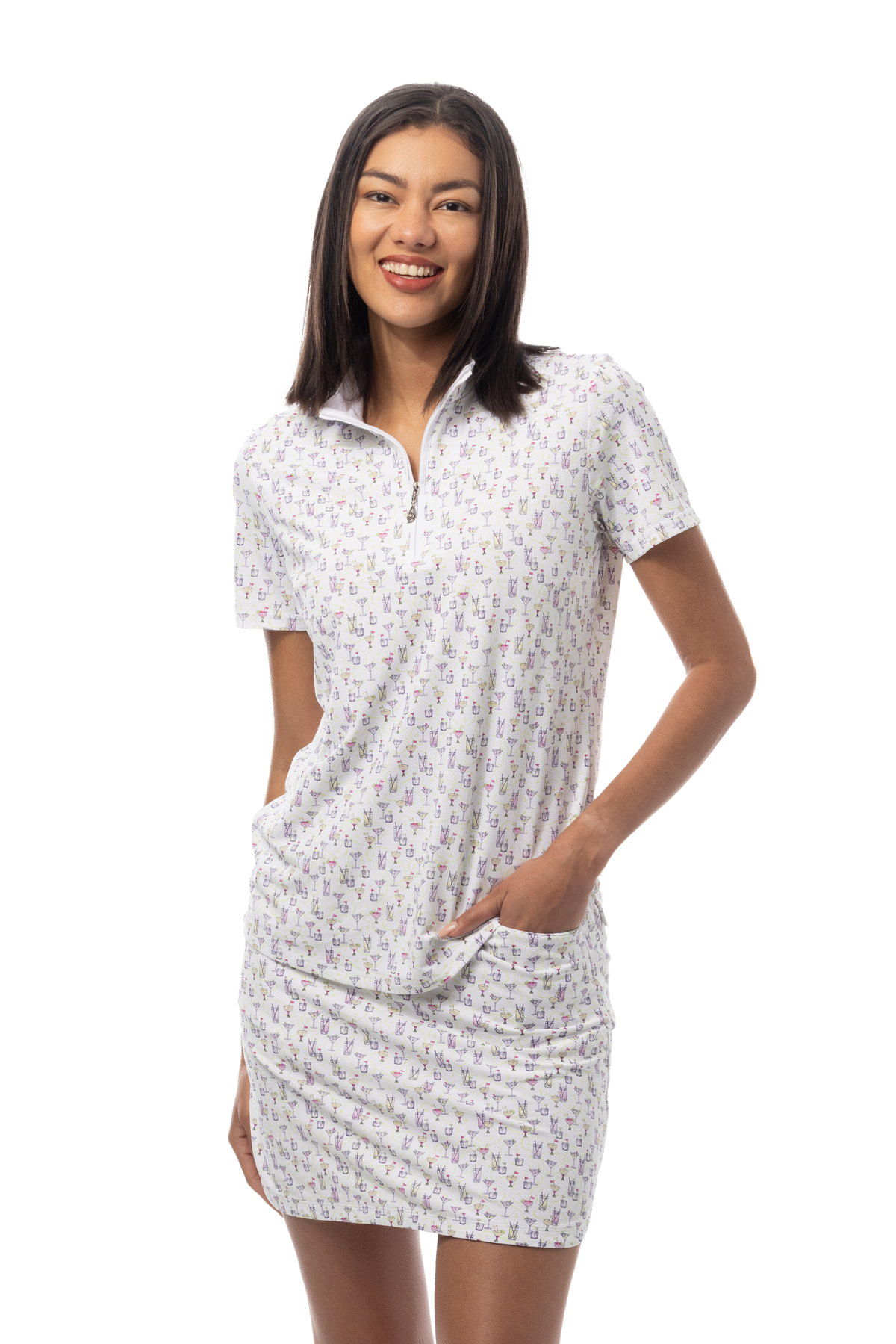 SanSoleil 1/4 Zip Short Sleeve Print Mock. CADDY COOLER. MULTI. 900628 - SanSoleil