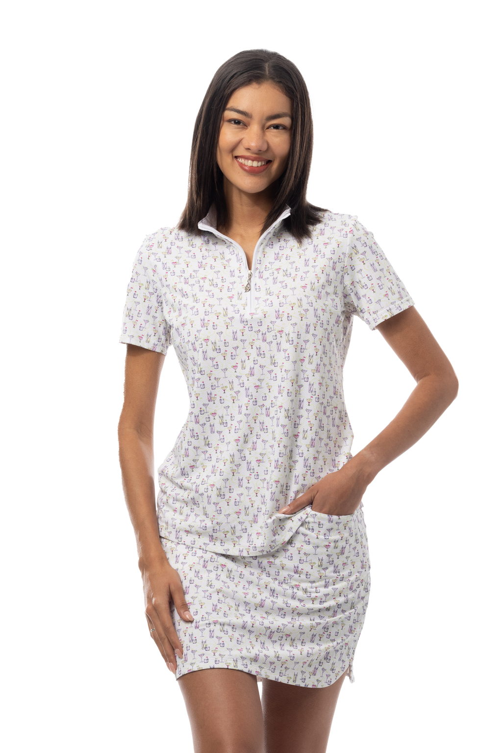 SanSoleil 1/4 Zip Short Sleeve Print Mock. CADDY COOLER. MULTI. 900628 - SanSoleil