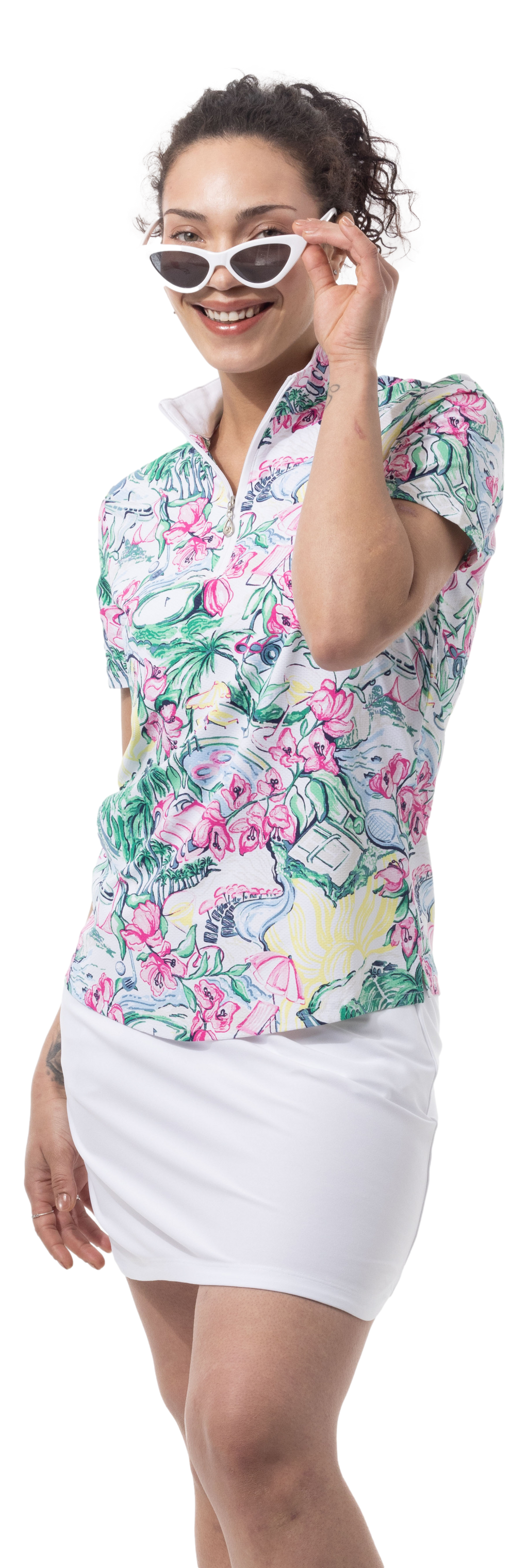 SanSoleil 1/4 Zip Short Sleeve Print Mock. GIRLS TRIP. MULTI. 900628 - SanSoleil