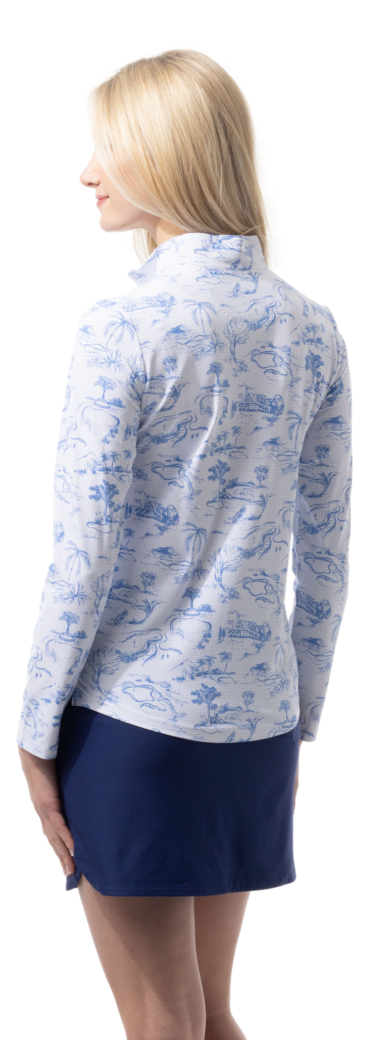 SANSOLEIL COOL ULTRA-MESH ZIP MOCK. TOILE DE GOLF. CORNFLOWER. 900653 - SanSoleil