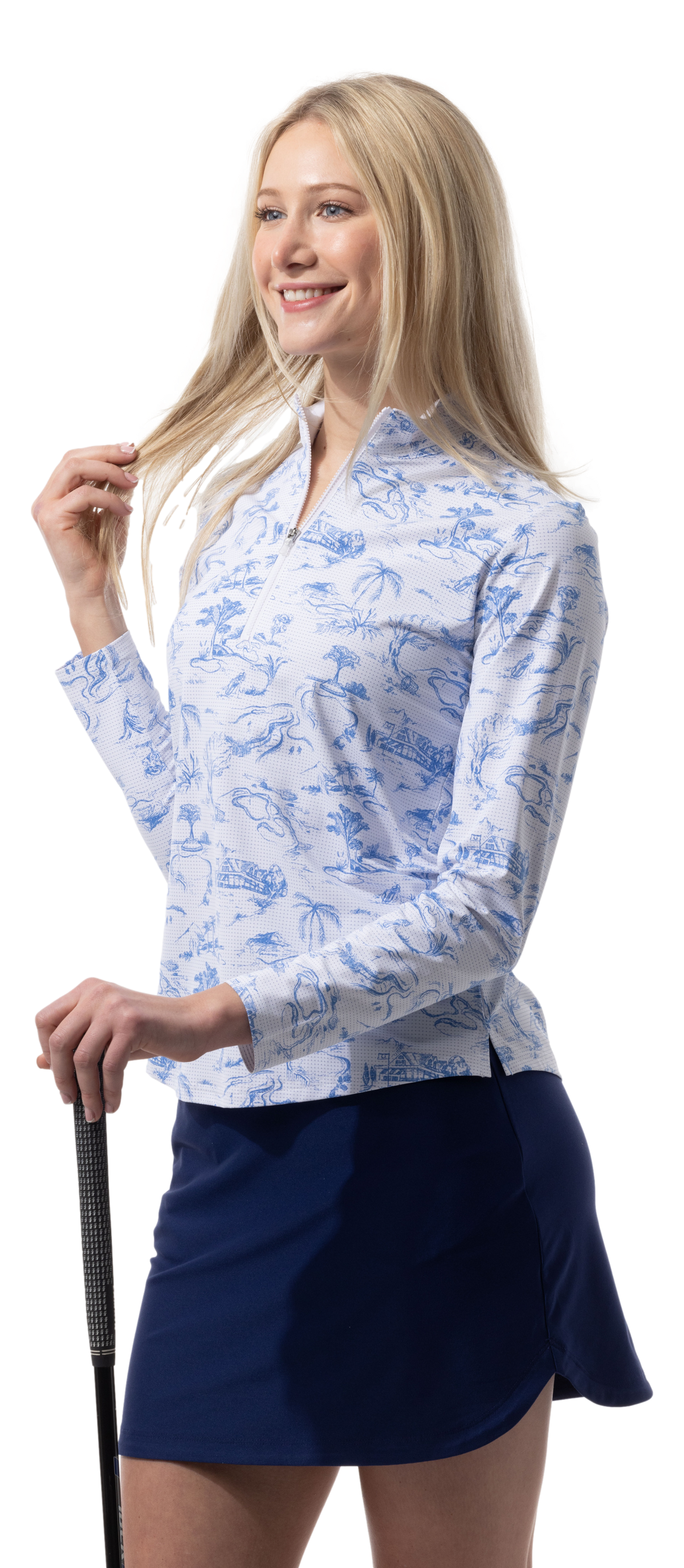SANSOLEIL COOL ULTRA-MESH ZIP MOCK. TOILE DE GOLF. CORNFLOWER. 900653 - SanSoleil