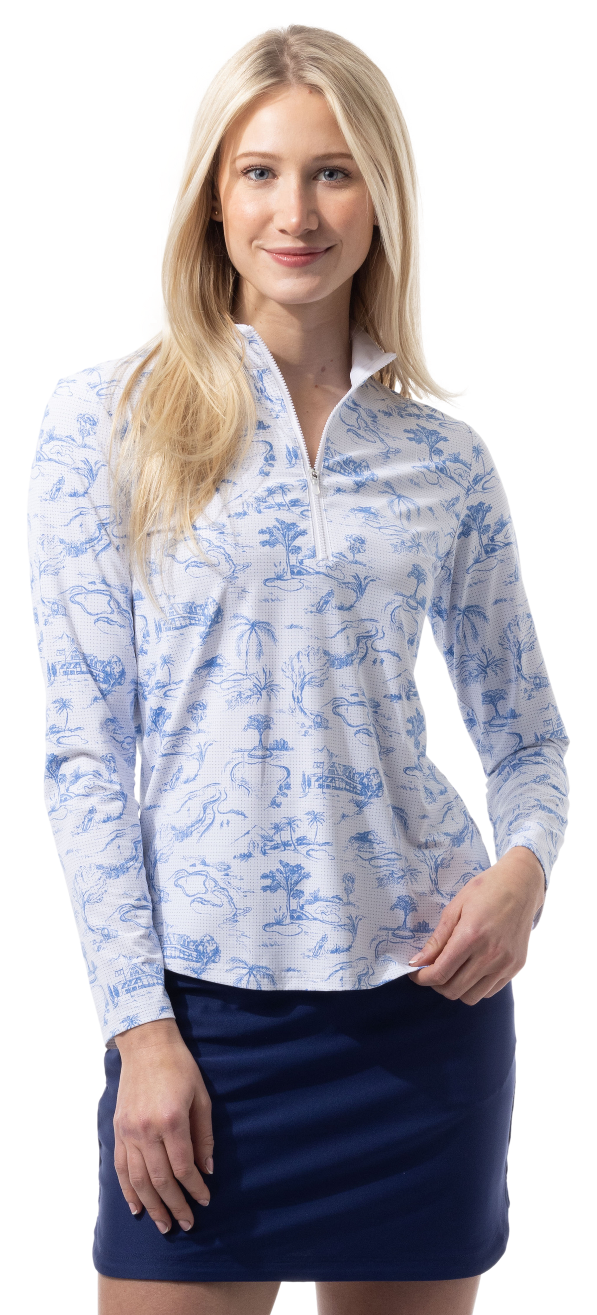 SANSOLEIL COOL ULTRA-MESH ZIP MOCK. TOILE DE GOLF. CORNFLOWER. 900653 - SanSoleil