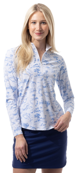 SANSOLEIL COOL ULTRA-MESH ZIP MOCK. TOILE DE GOLF. CORNFLOWER. 900653 - SanSoleil