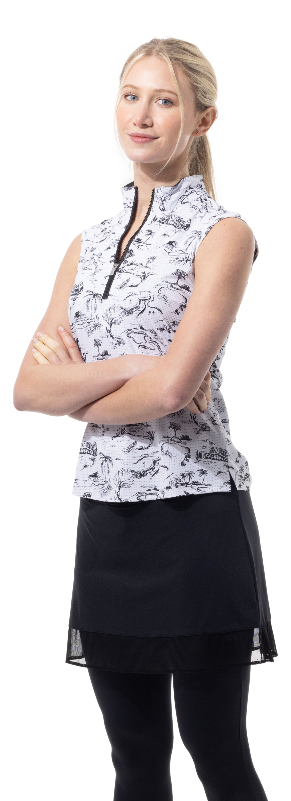 SANSOLEIL COOL ULTRA-MESH ZIP SLEEVELESS MOCK. TOILE DE GOLF. BLACK. 900654 - SanSoleil