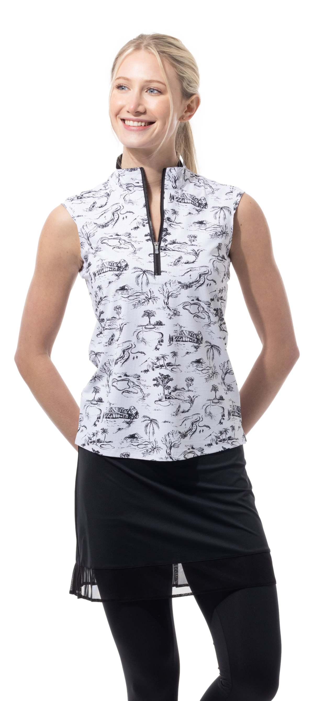 SANSOLEIL COOL ULTRA-MESH ZIP SLEEVELESS MOCK. TOILE DE GOLF. BLACK. 900654 - SanSoleil