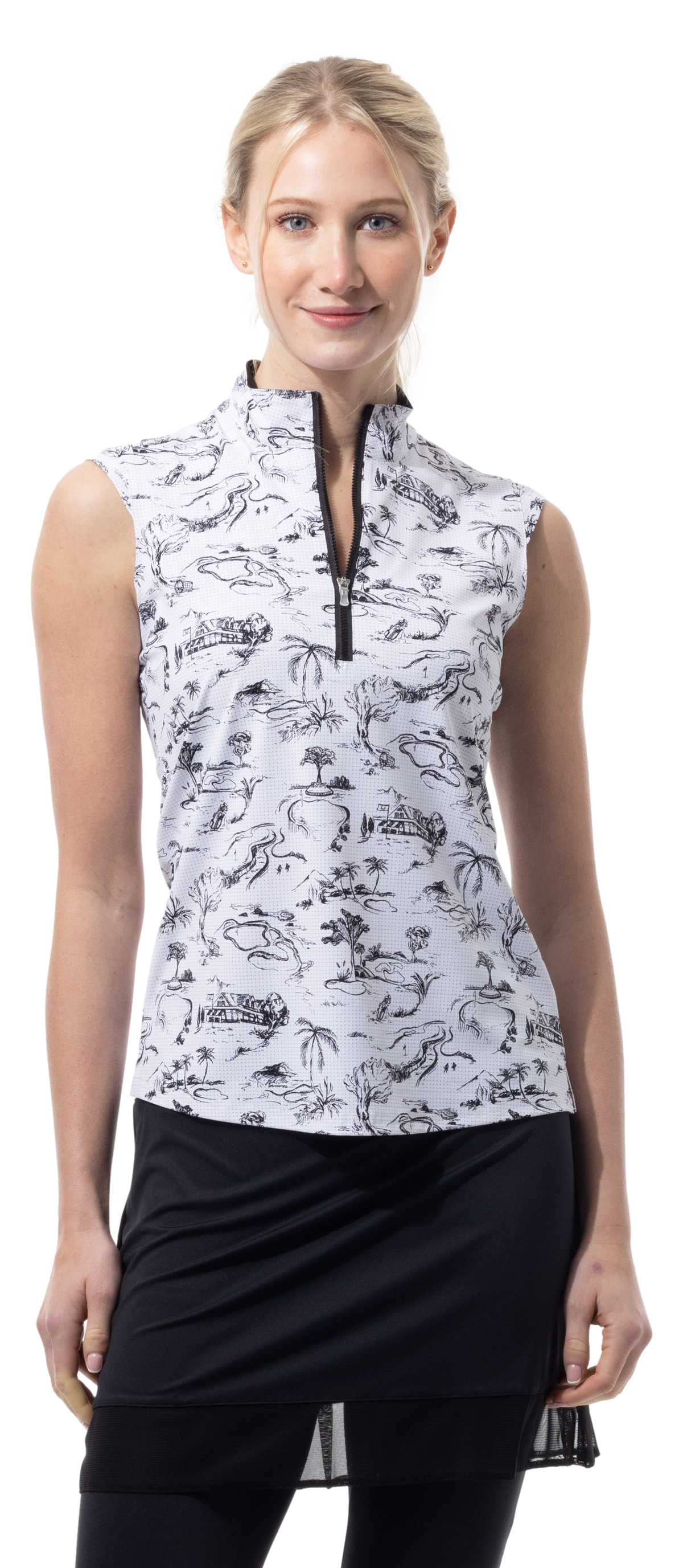 SANSOLEIL COOL ULTRA-MESH ZIP SLEEVELESS MOCK. TOILE DE GOLF. BLACK. 900654 - SanSoleil
