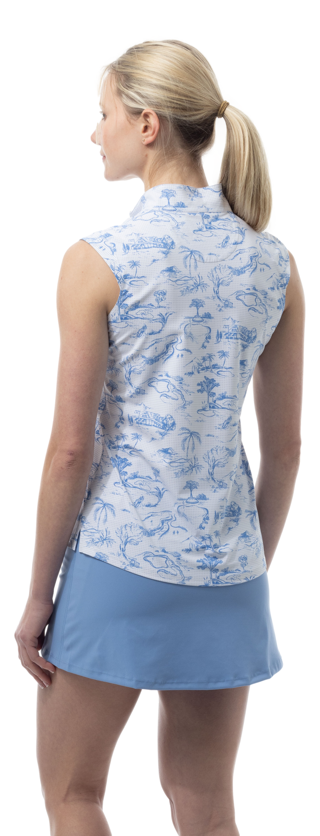 SANSOLEIL COOL ULTRA-MESH ZIP SLEEVELESS MOCK. TOILE DE GOLF. CORNFLOWER. 900654 - SanSoleil