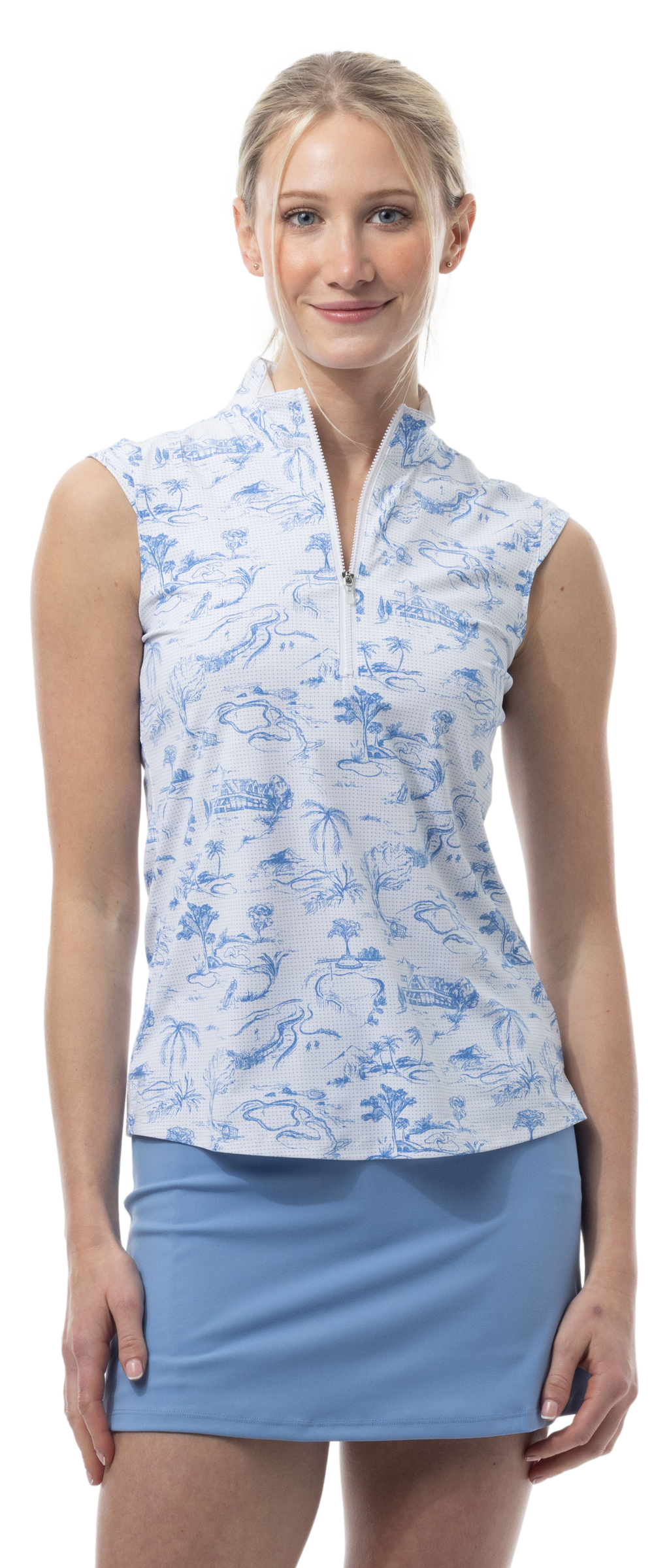 SANSOLEIL COOL ULTRA-MESH ZIP SLEEVELESS MOCK. TOILE DE GOLF. CORNFLOWER. 900654 - SanSoleil