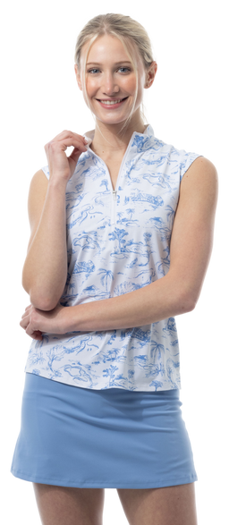 SANSOLEIL COOL ULTRA-MESH ZIP SLEEVELESS MOCK. TOILE DE GOLF. CORNFLOWER. 900654 - SanSoleil