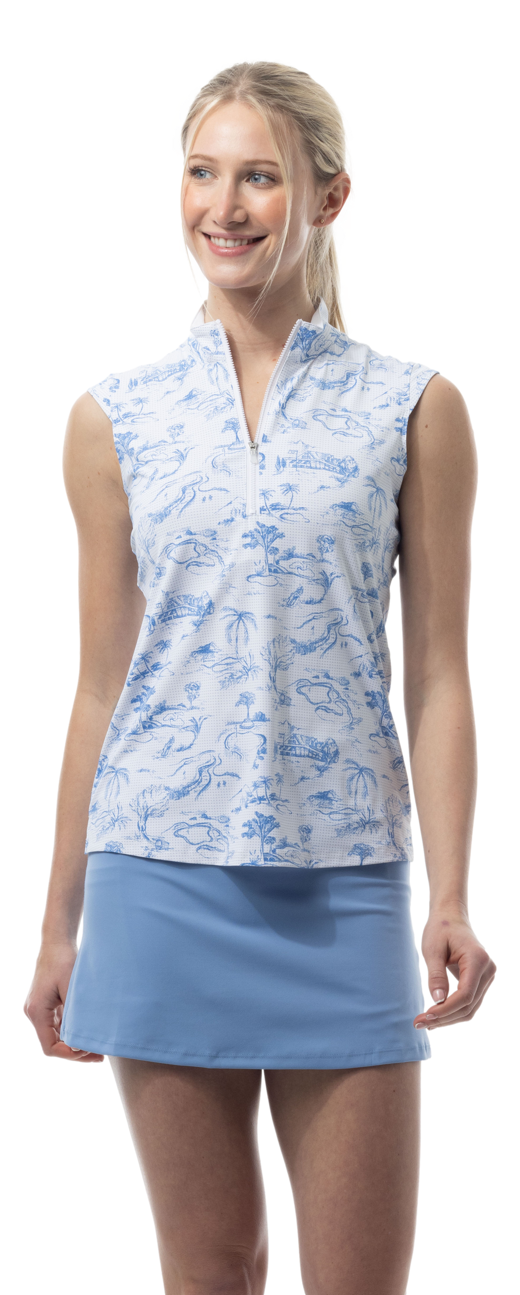 SANSOLEIL COOL ULTRA-MESH ZIP SLEEVELESS MOCK. TOILE DE GOLF. CORNFLOWER. 900654 - SanSoleil