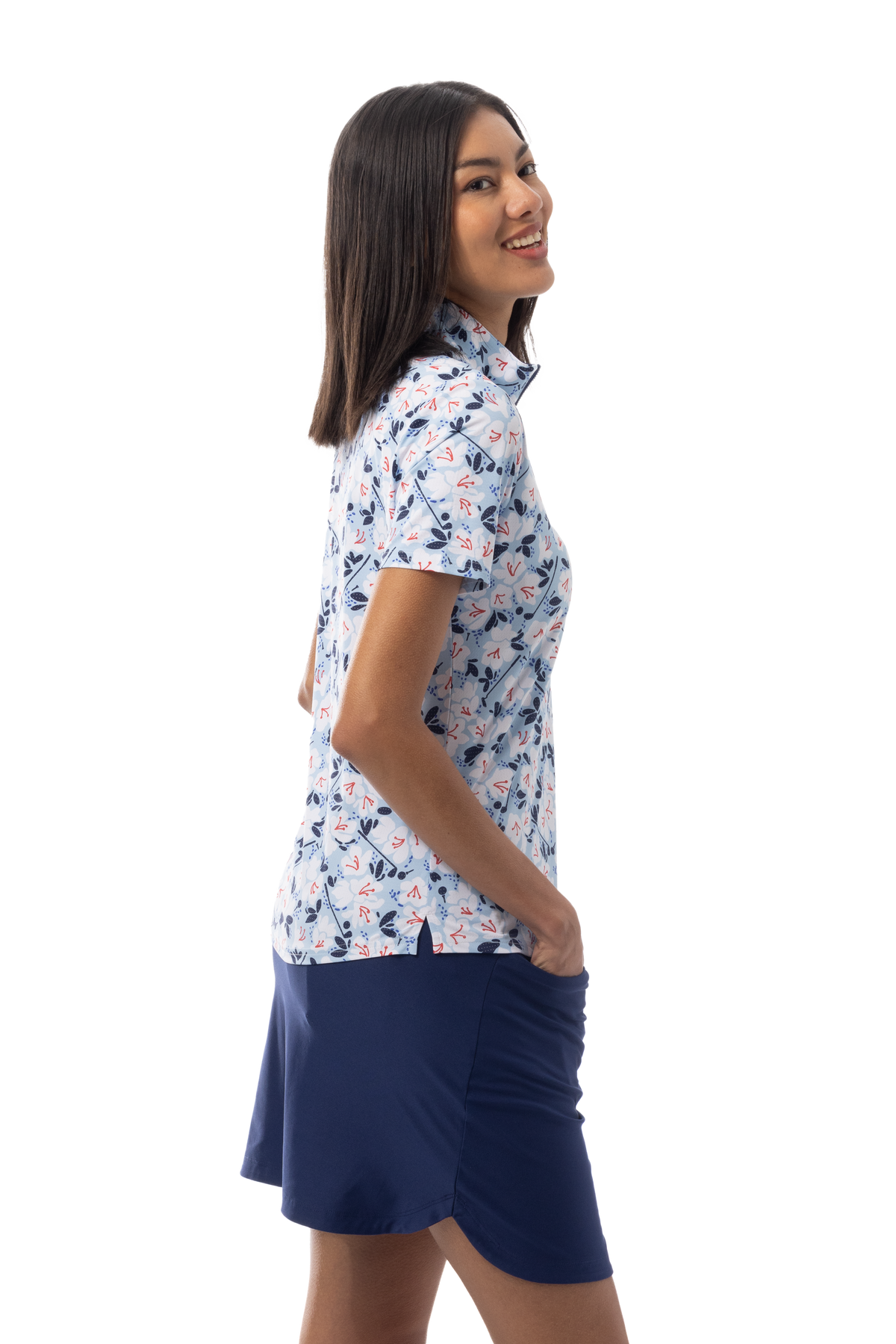 SANSOLEIL COOL ULTRA-MESH ZIP SHORT SLEEVE MOCK. PUTTERCUP. BLUE 900655 - SanSoleil