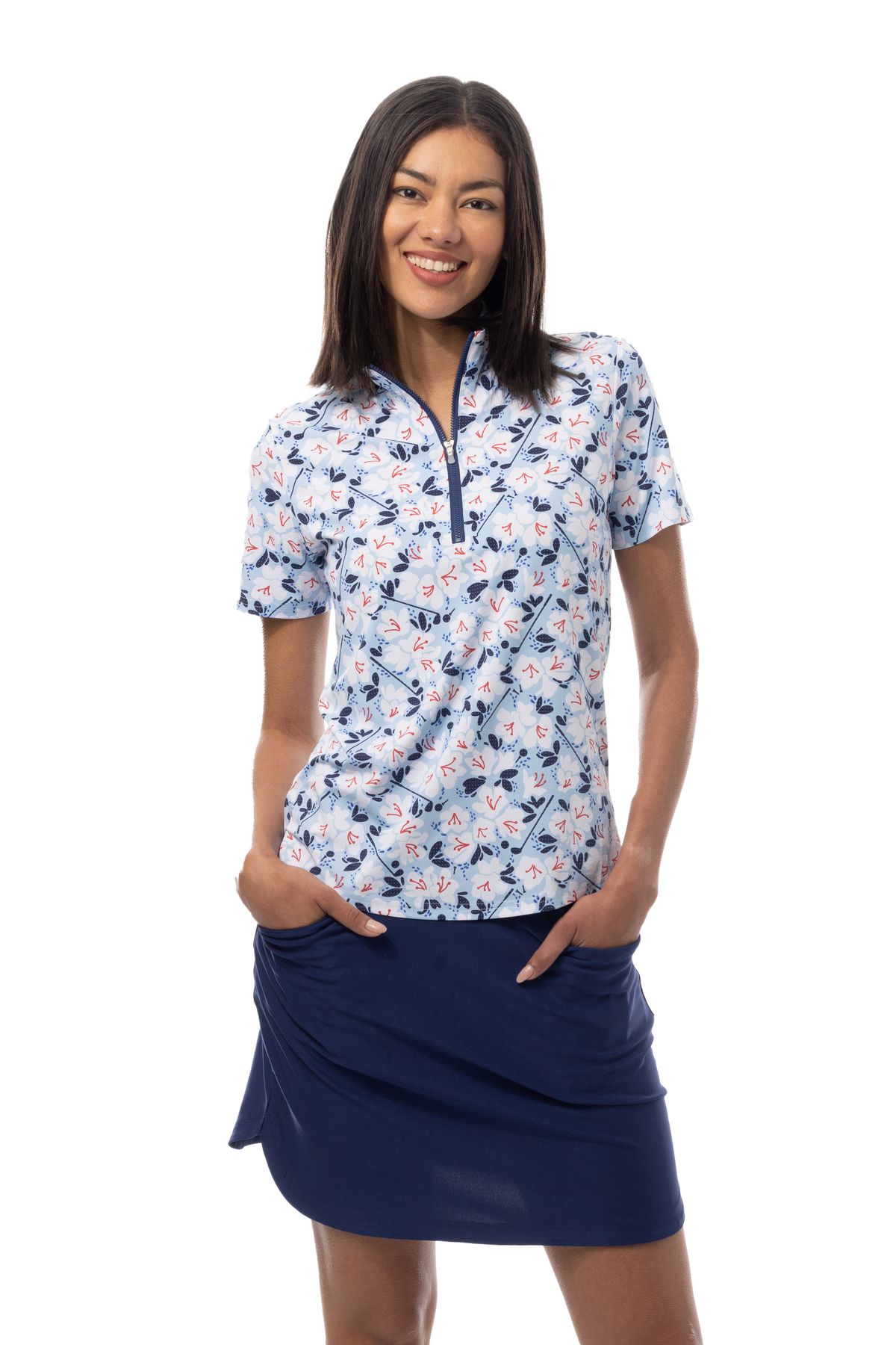 SANSOLEIL COOL ULTRA-MESH ZIP SHORT SLEEVE MOCK. PUTTERCUP. BLUE 900655 - SanSoleil