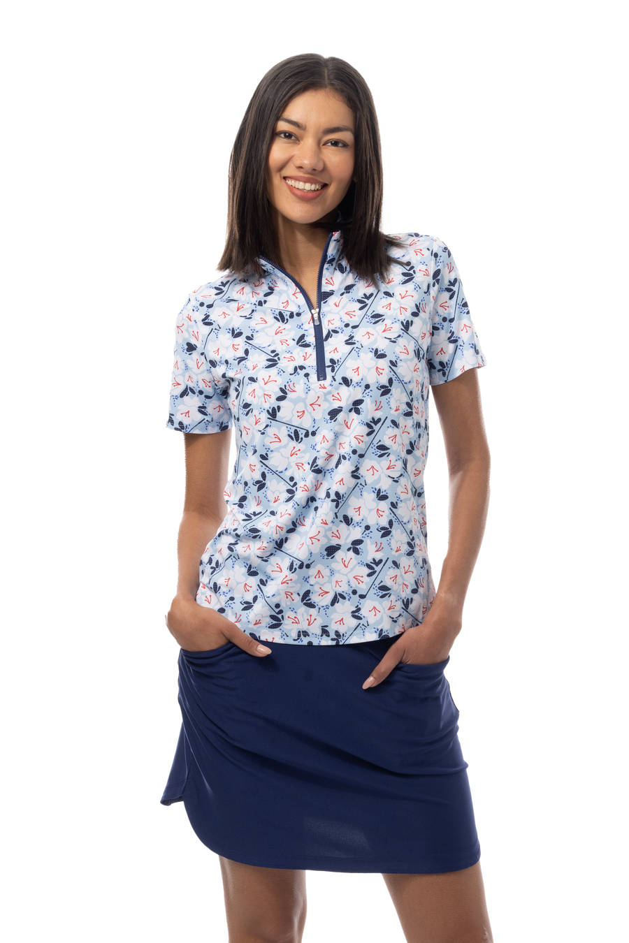 SANSOLEIL COOL ULTRA-MESH ZIP SHORT SLEEVE MOCK. PUTTERCUP. BLUE 900655 - SanSoleil