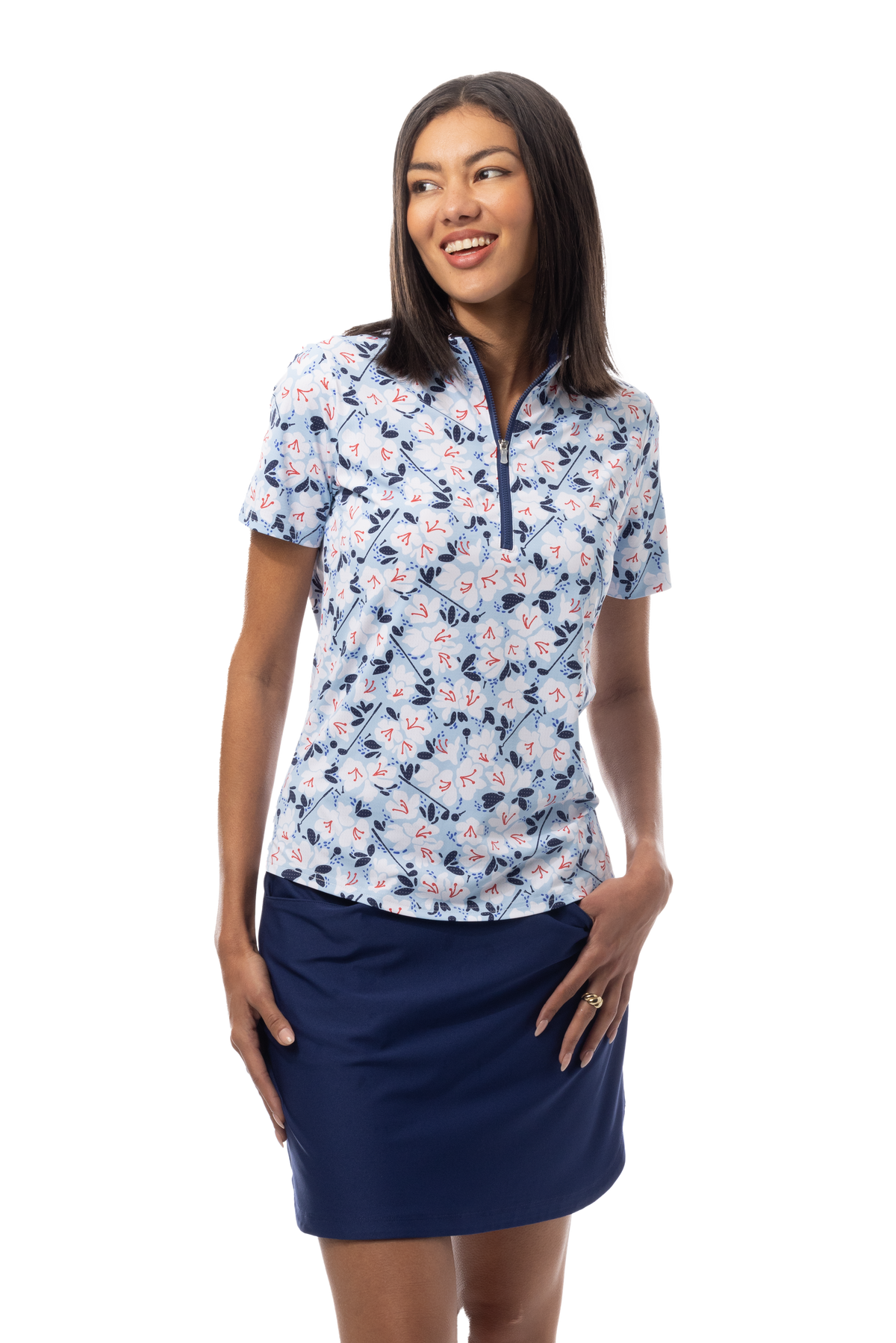 SANSOLEIL COOL ULTRA-MESH ZIP SHORT SLEEVE MOCK. PUTTERCUP. BLUE 900655 - SanSoleil