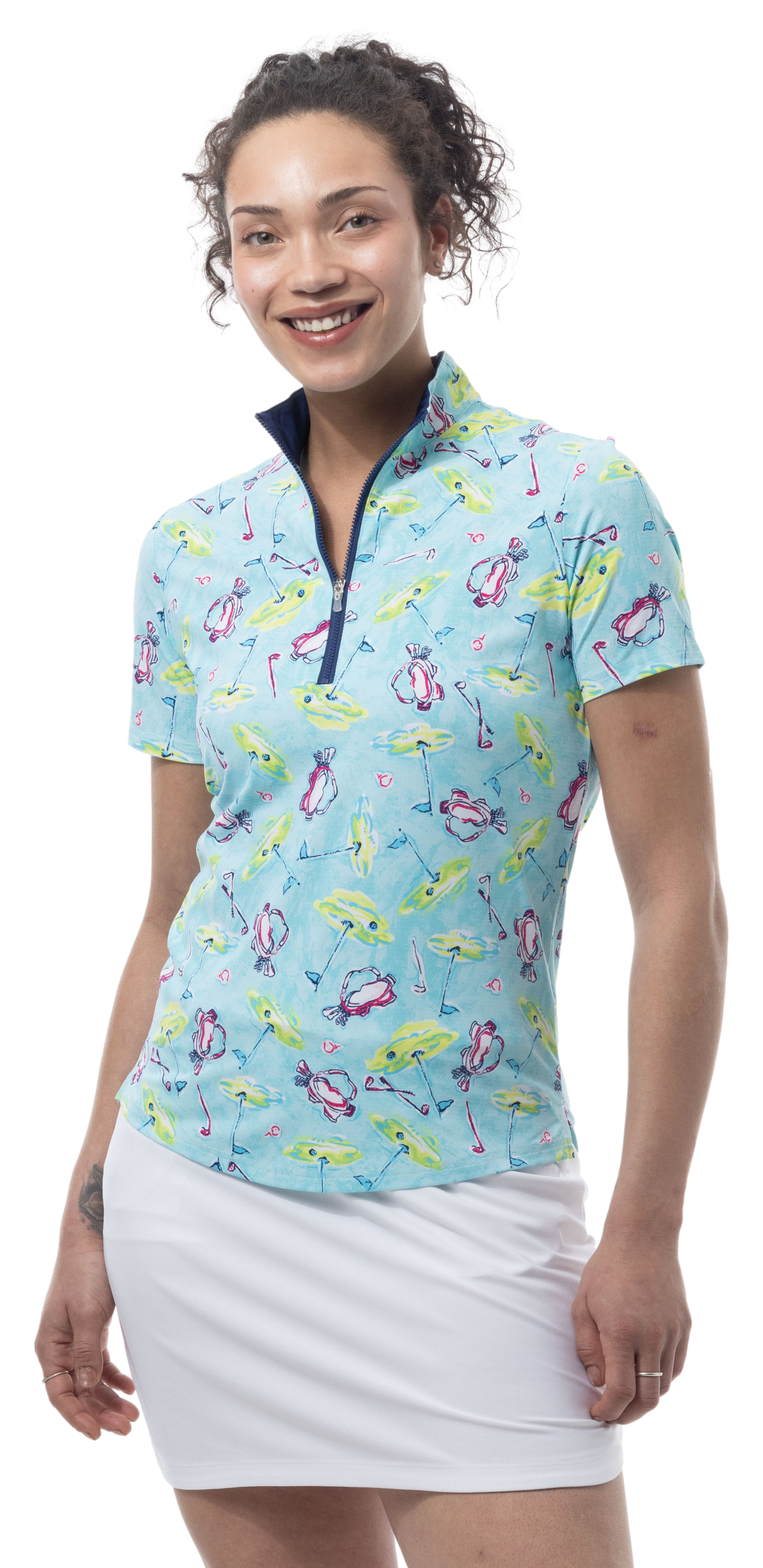 SANSOLEIL COOL ULTRA-MESH ZIP SHORT SLEEVE MOCK. FLAGS AND BAGS. 900655 - SanSoleil
