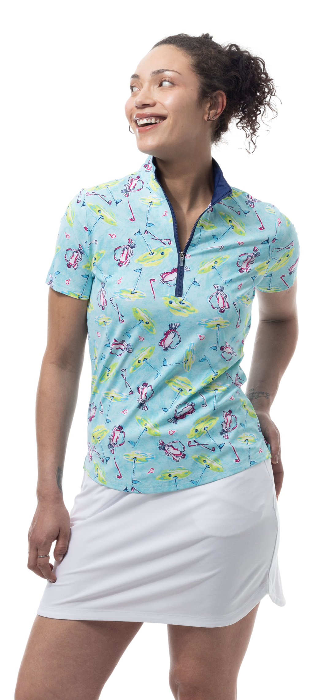 SANSOLEIL COOL ULTRA-MESH ZIP SHORT SLEEVE MOCK. FLAGS AND BAGS. 900655 - SanSoleil