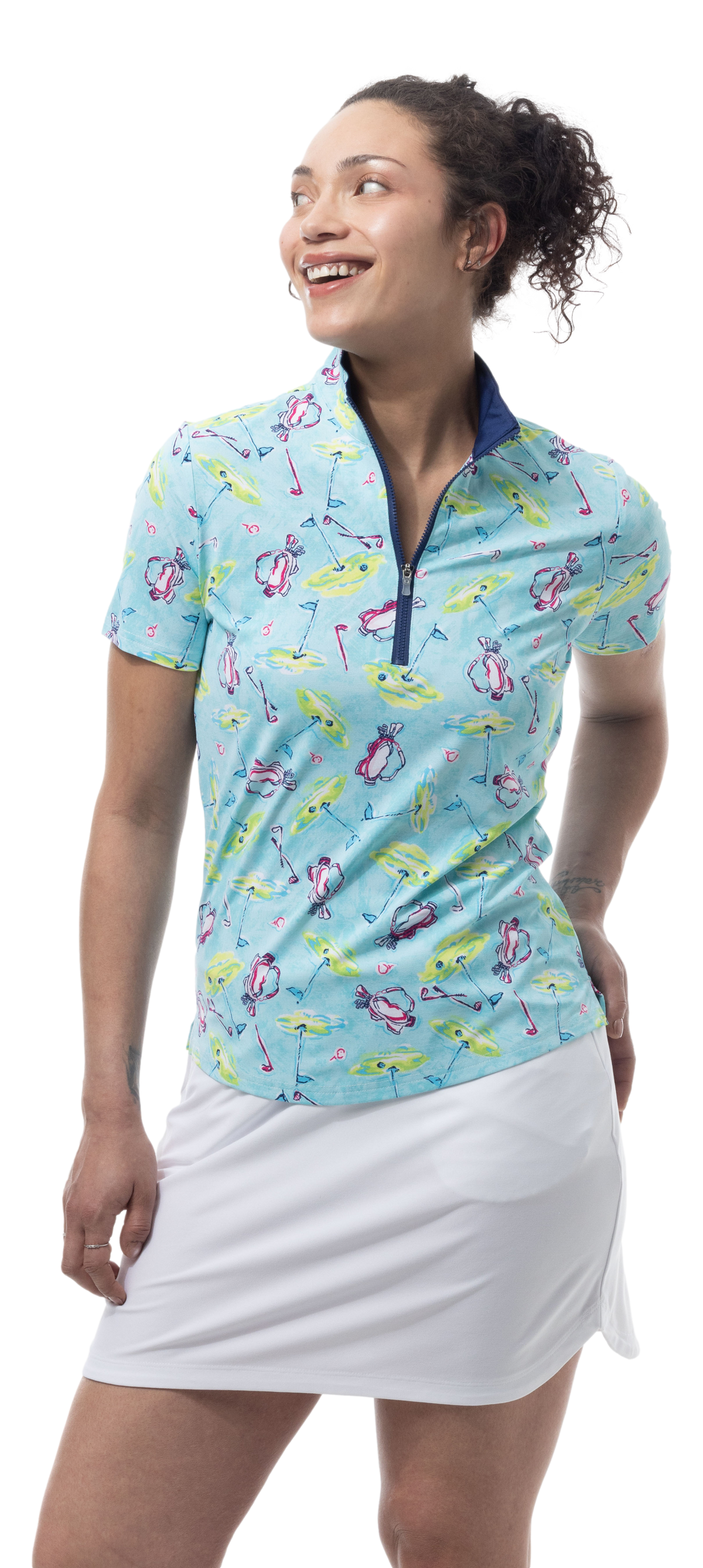 SANSOLEIL COOL ULTRA-MESH ZIP SHORT SLEEVE MOCK. FLAGS AND BAGS. 900655 - SanSoleil